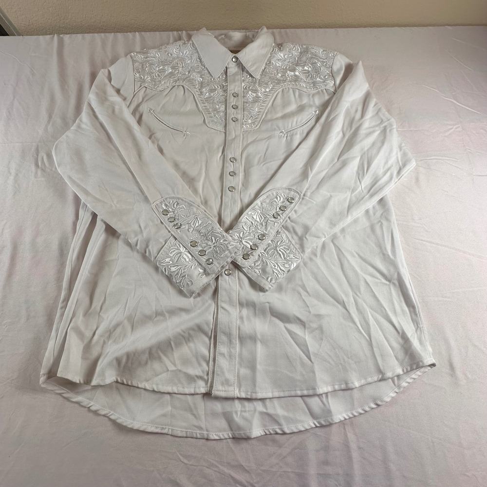 Scully Western Pearl Snap Shirt All White Floral Embroidered XXL Long Sleeve